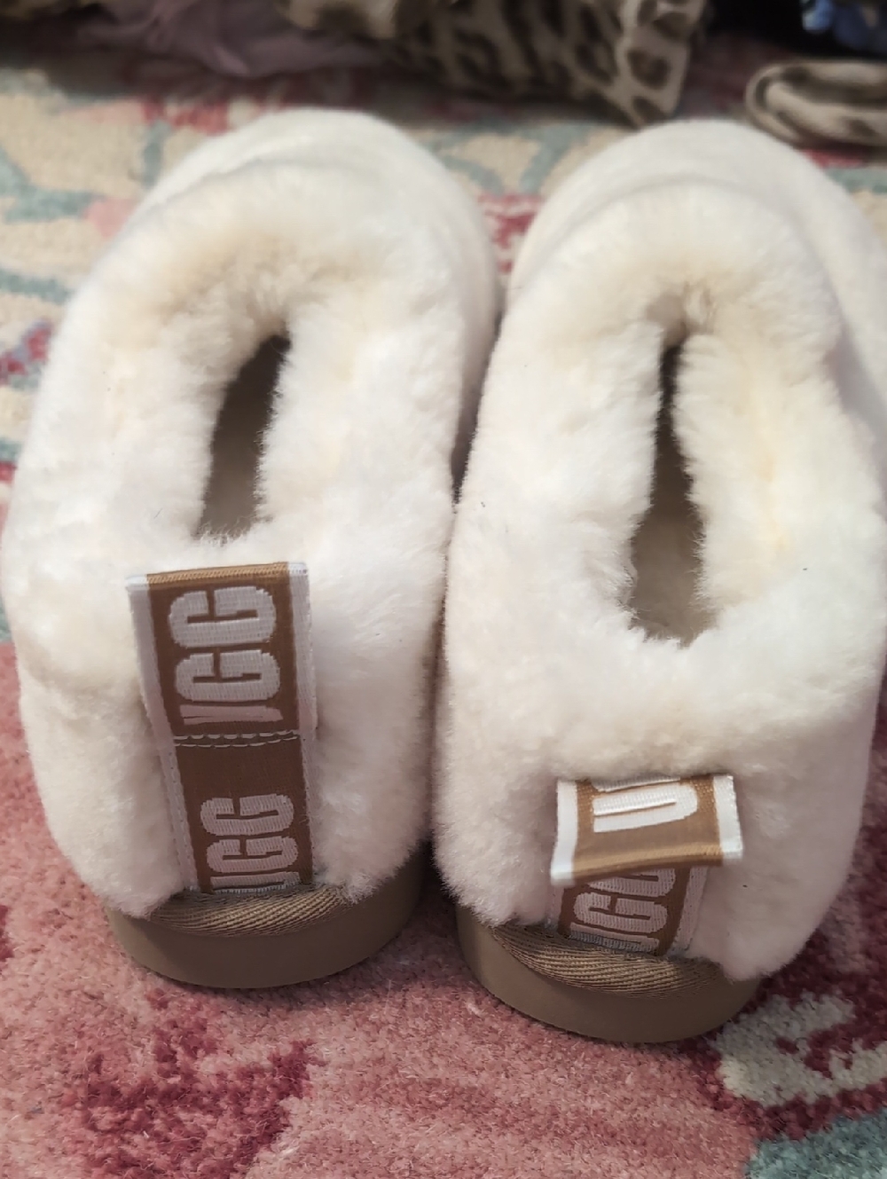UGG Cream Shearling Slip-On Slippers with Tan Heel Tabs - Picture 2 of 7
